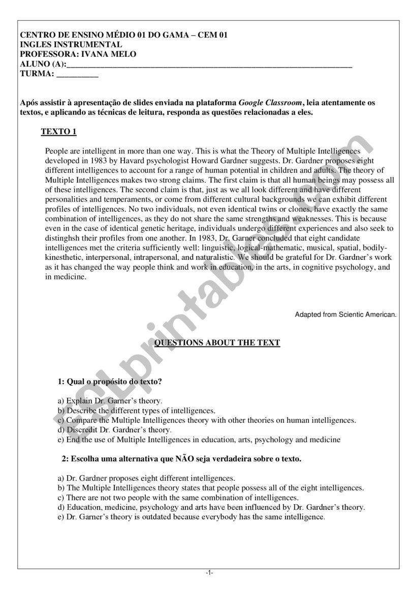 Exercise on text comprehension