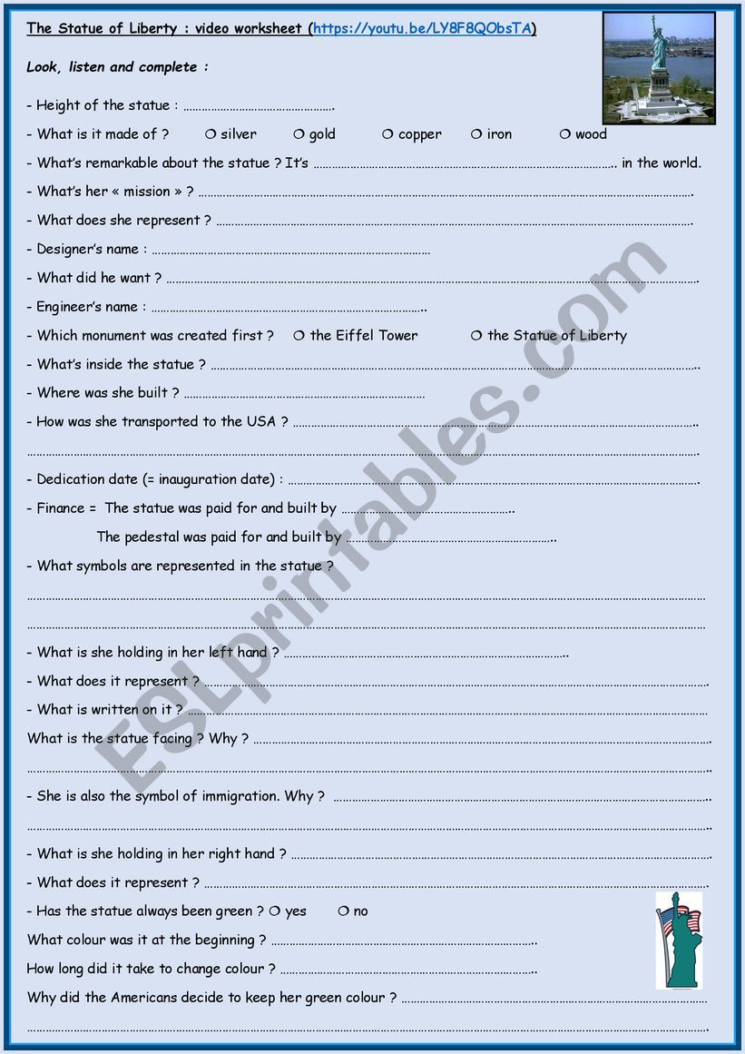 Statue of Liberty Oral Comprehension video worksheet