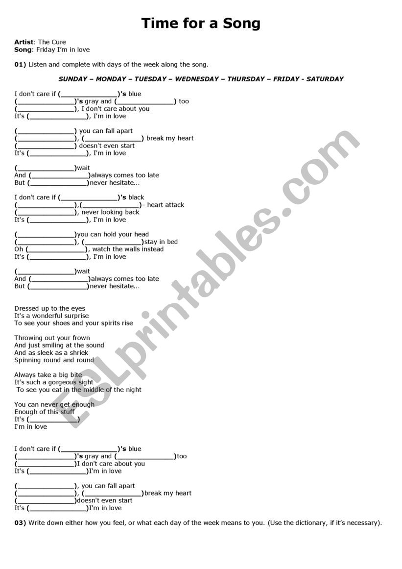 Days of the week worksheet