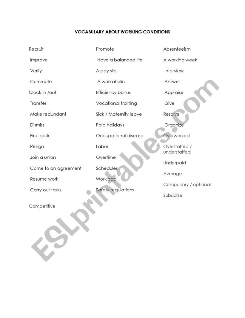 Working conditions vocabulary and practice