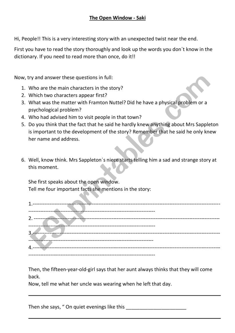 The Open Window Study Guide worksheet