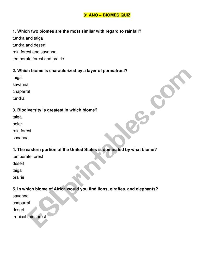 BIOME QUIZ worksheet