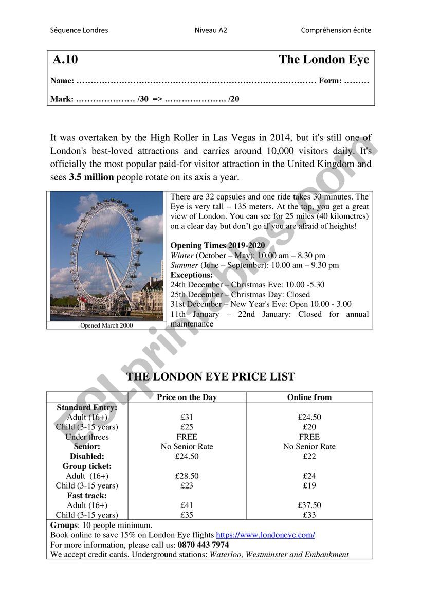 The London Eye worksheet