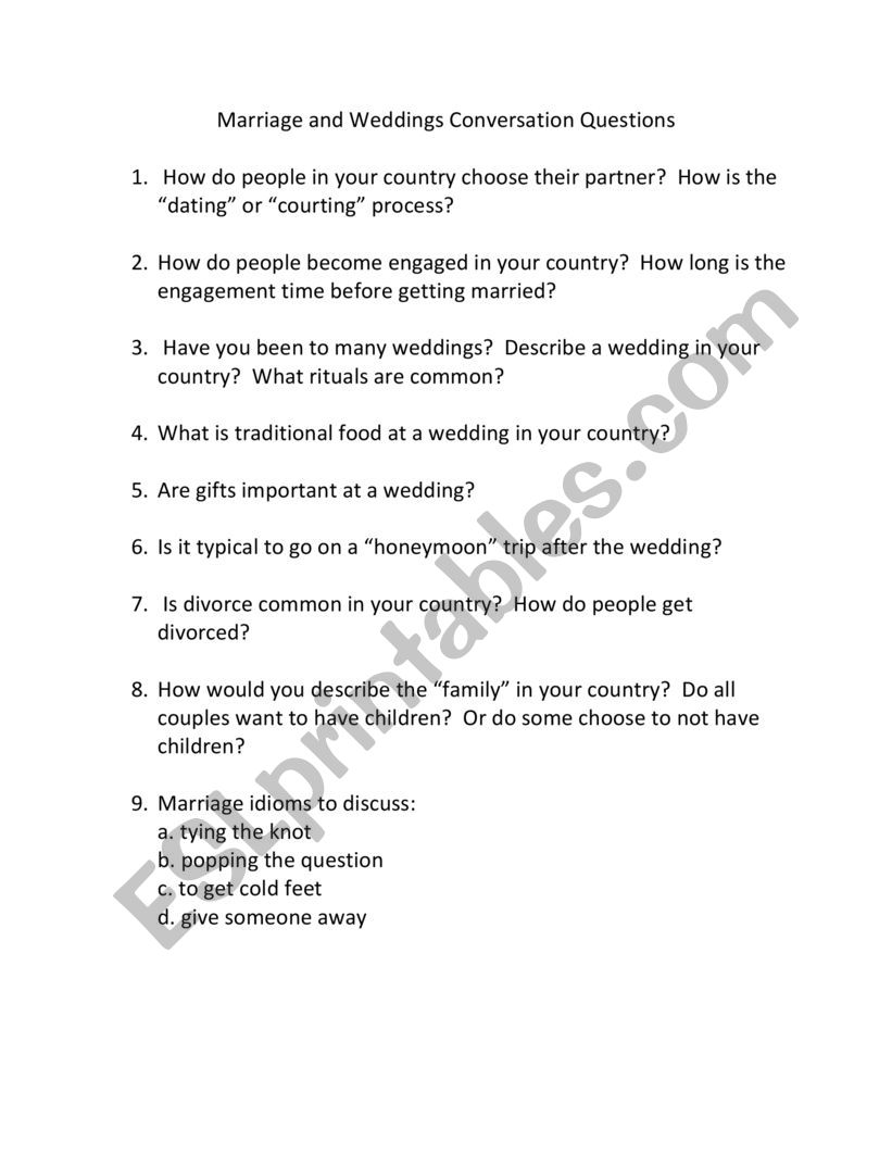 Marriage and Weddings Conversation Questions