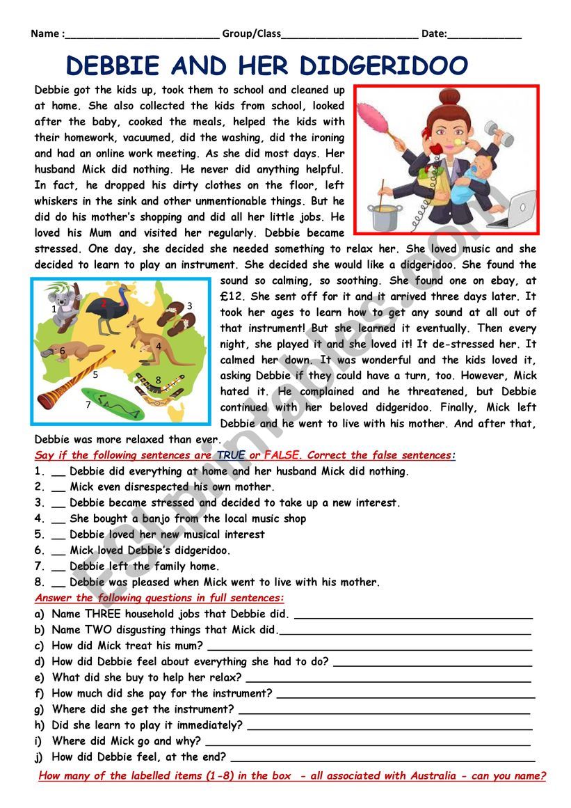 RC: Debbie and her didgeridoo worksheet