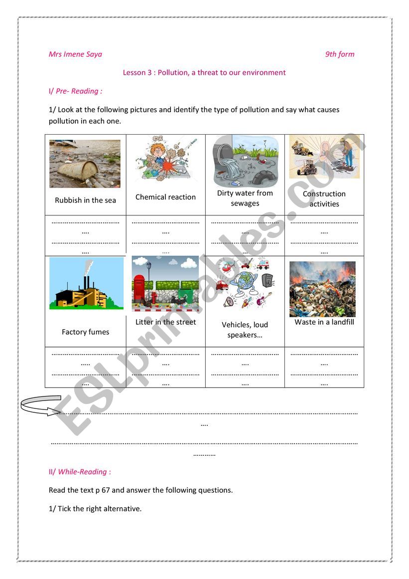 Module 3 Lesson 3 Pollution a threat to our environment 9th form Tunisia