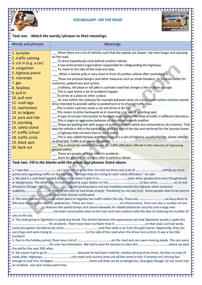 ON THE ROAD- VOCABULARY worksheet