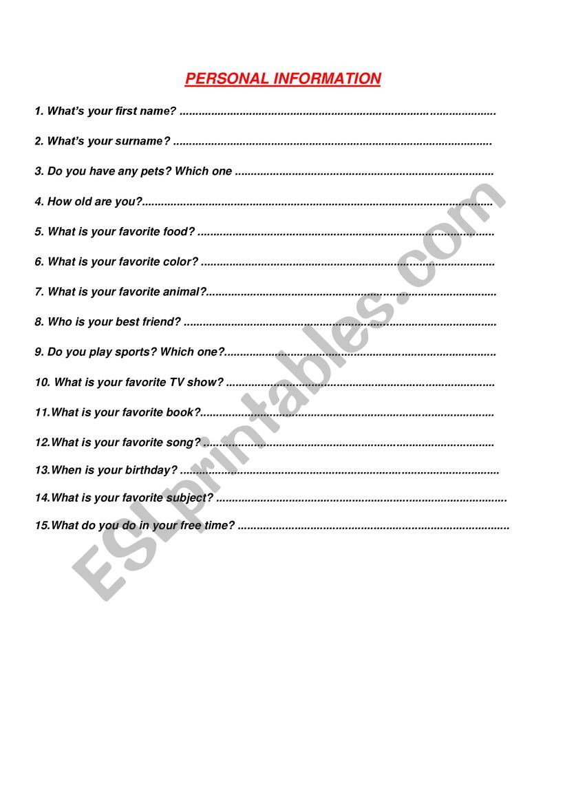 Personal Questions worksheet