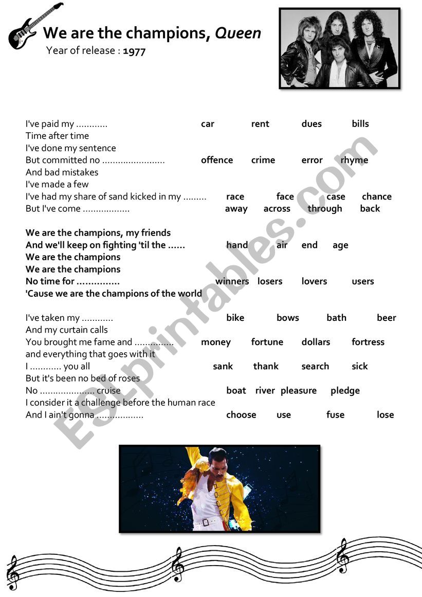We are the champions, Queen worksheet