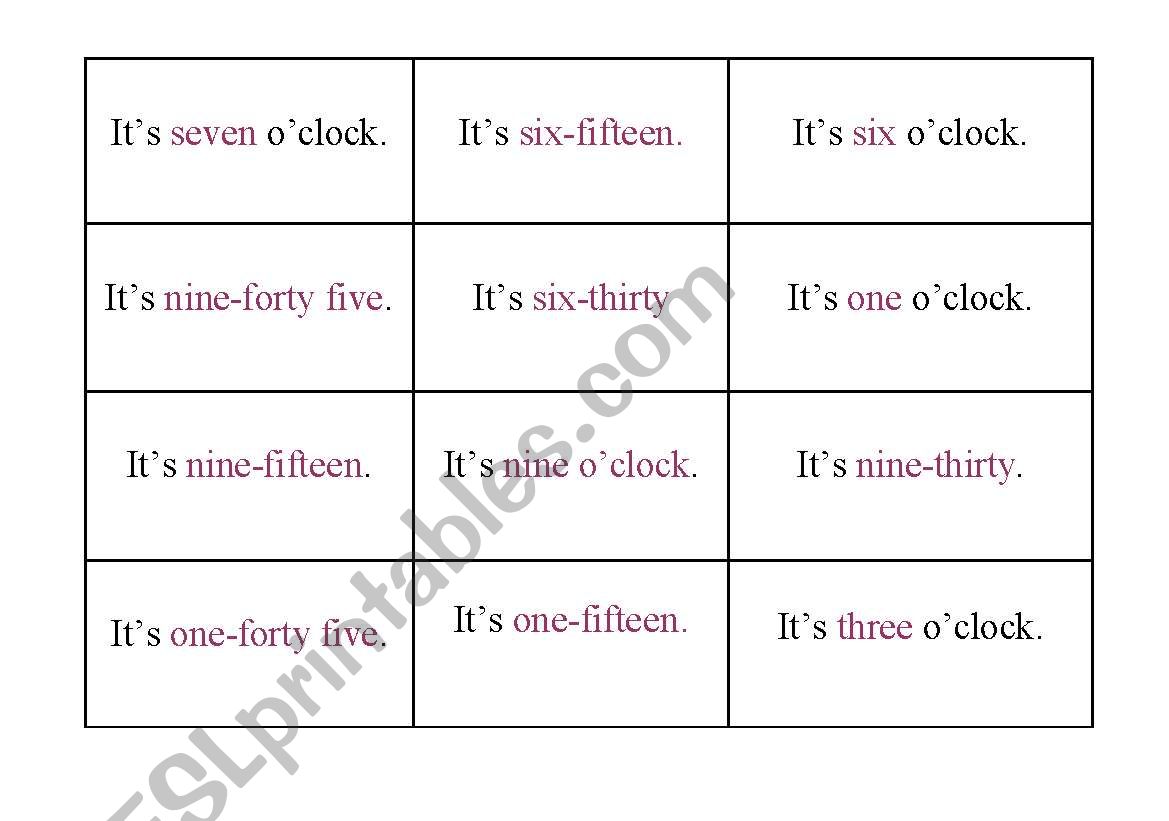Time-Bingo Game-1 worksheet
