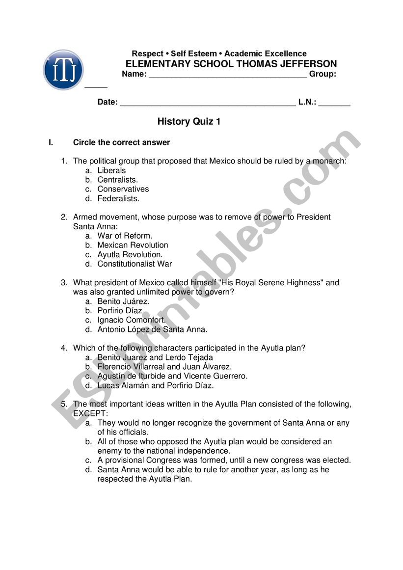 1-1. Mexican History Quiz - Independence and the Ayutla Revolution