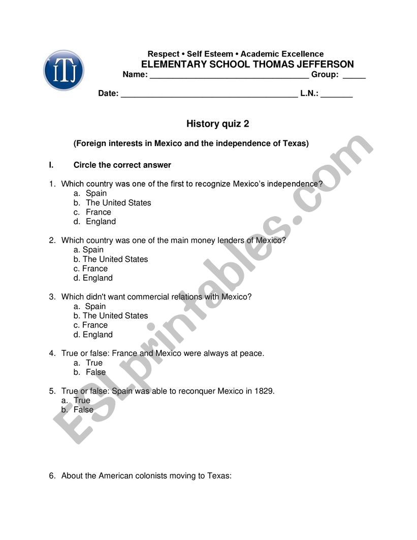 1-2. Mexican History Quiz - Foreign interests in Mexico and the independence of Texas