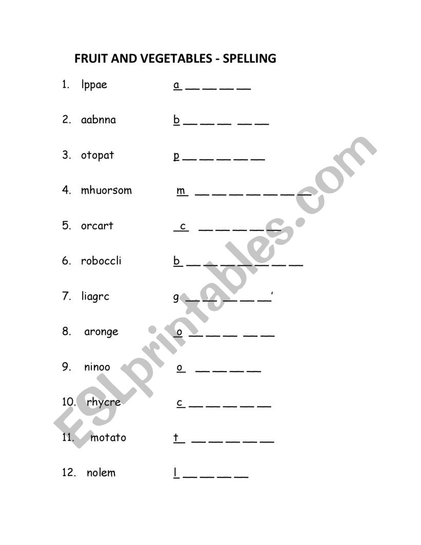 Fruits and Vegetables Worksheet