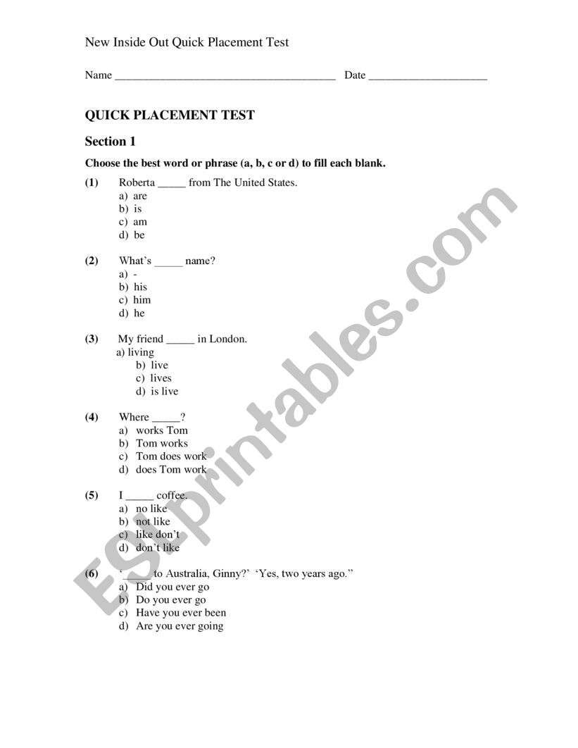 Placement Test worksheet