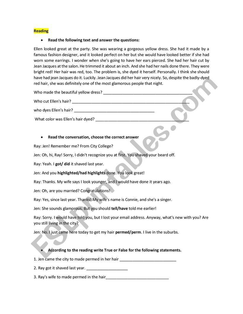 reading  worksheet