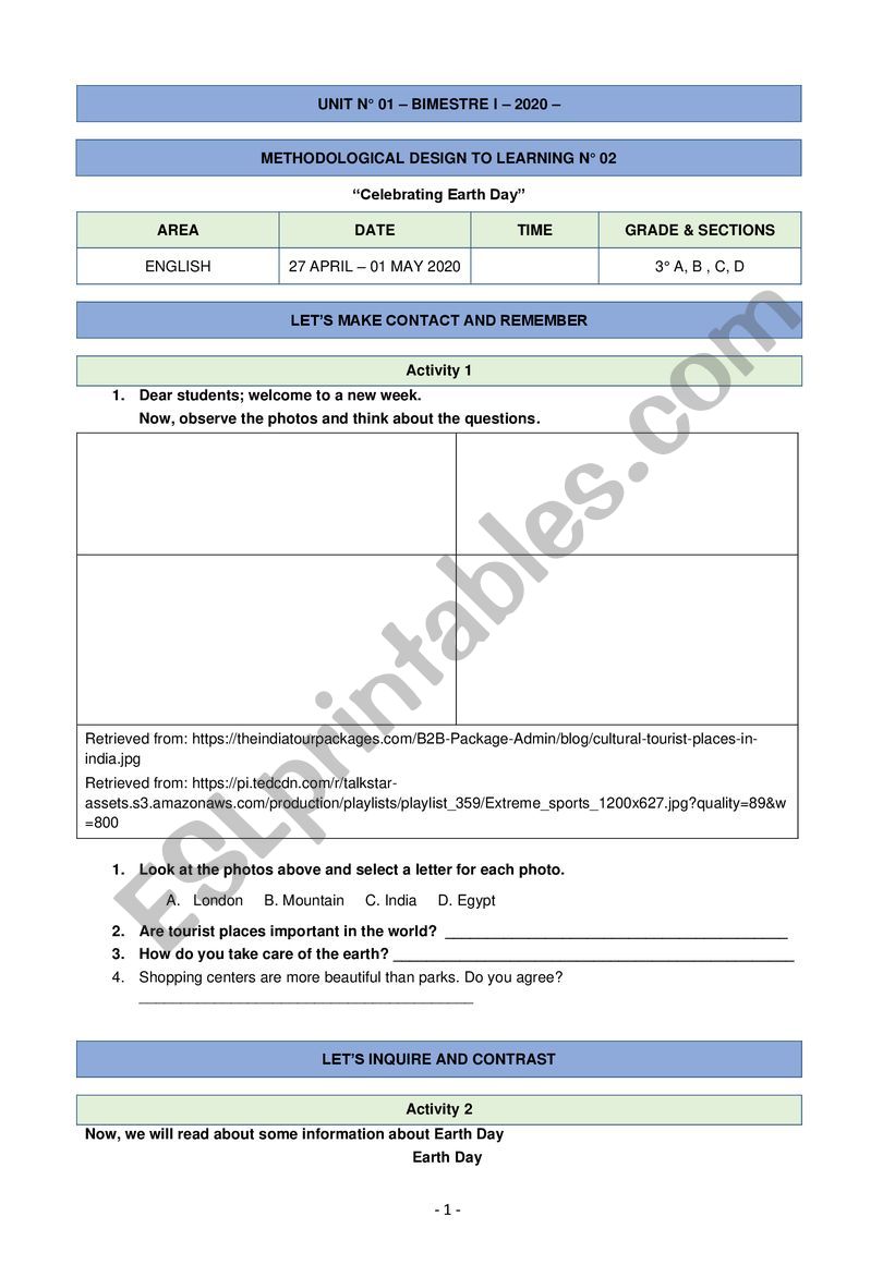 Lesson plan about EARTH DAY worksheet