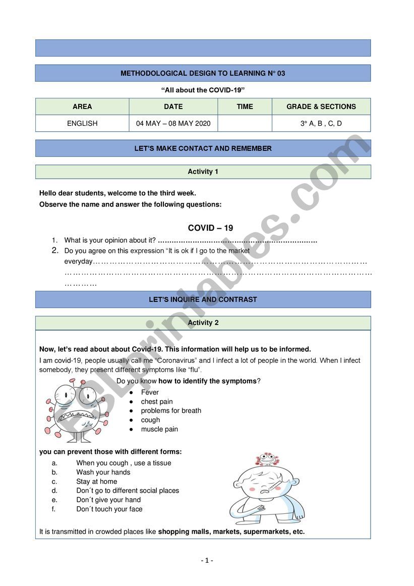 Lesson plan about COVID -19 worksheet
