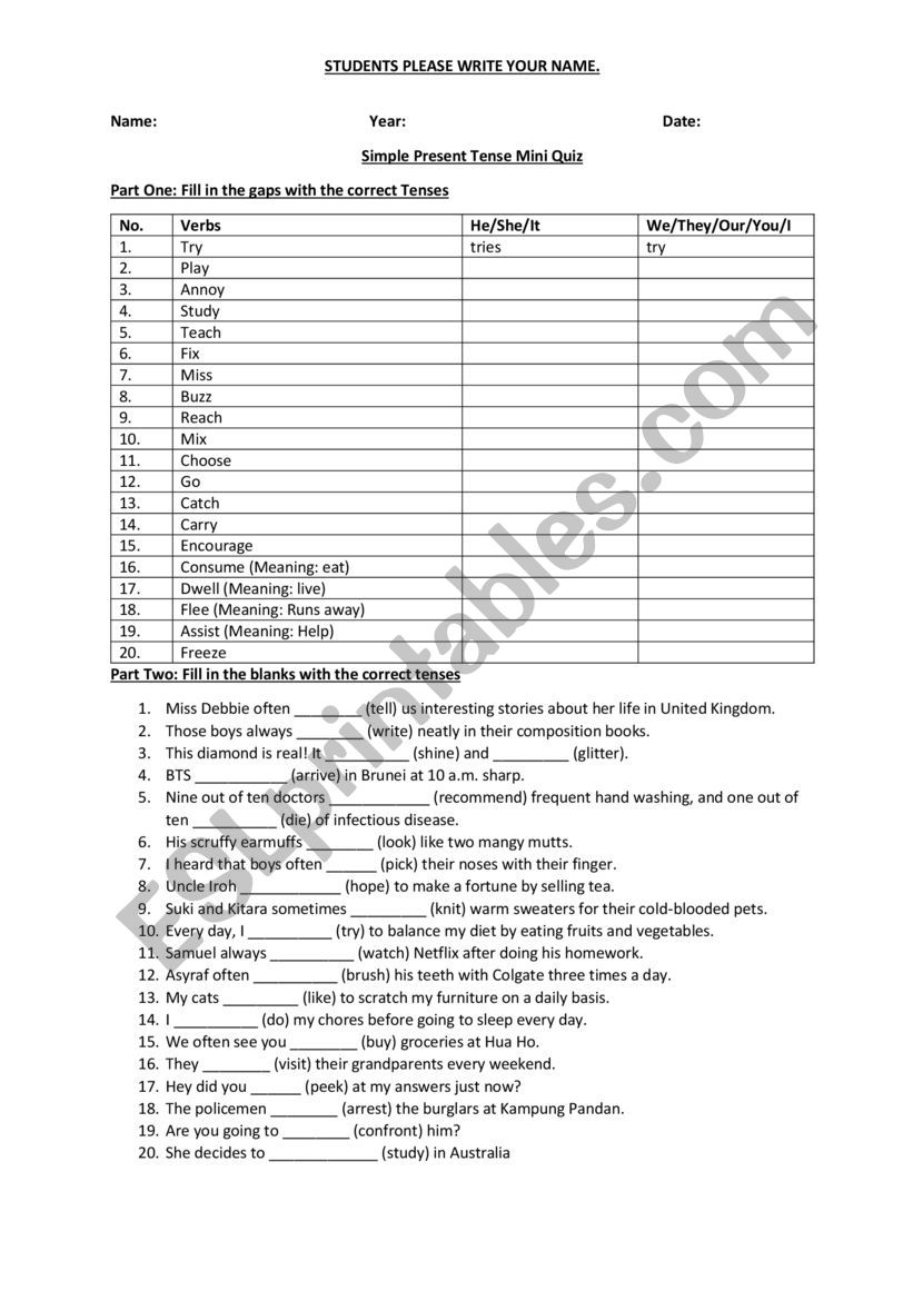 Simple Present Tense worksheet