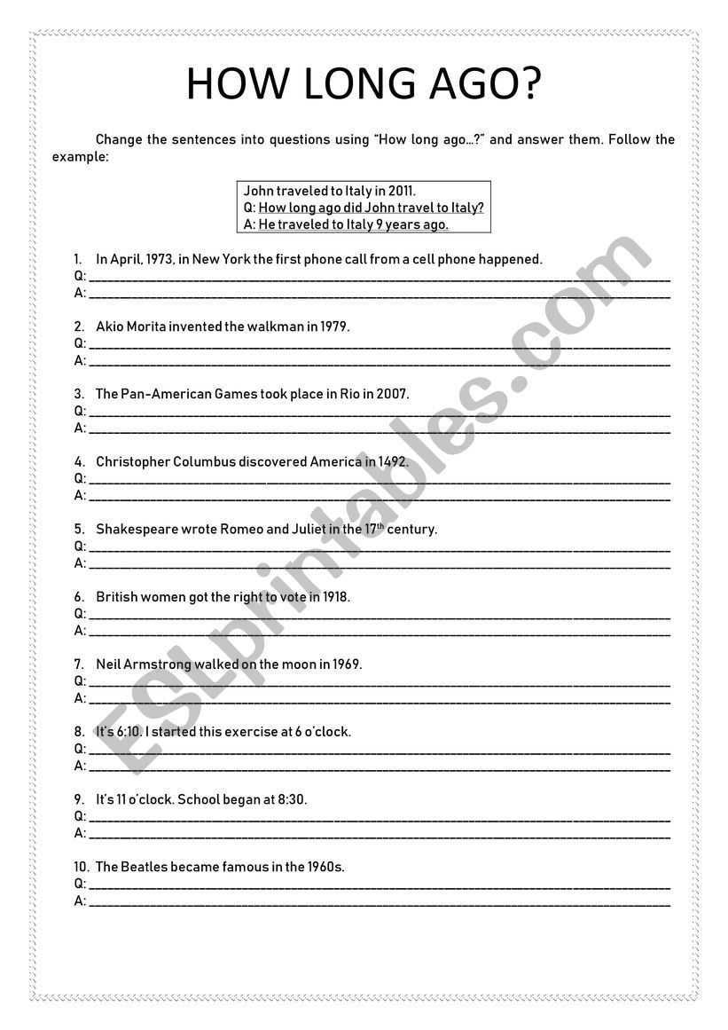 How long ago did it happen? worksheet