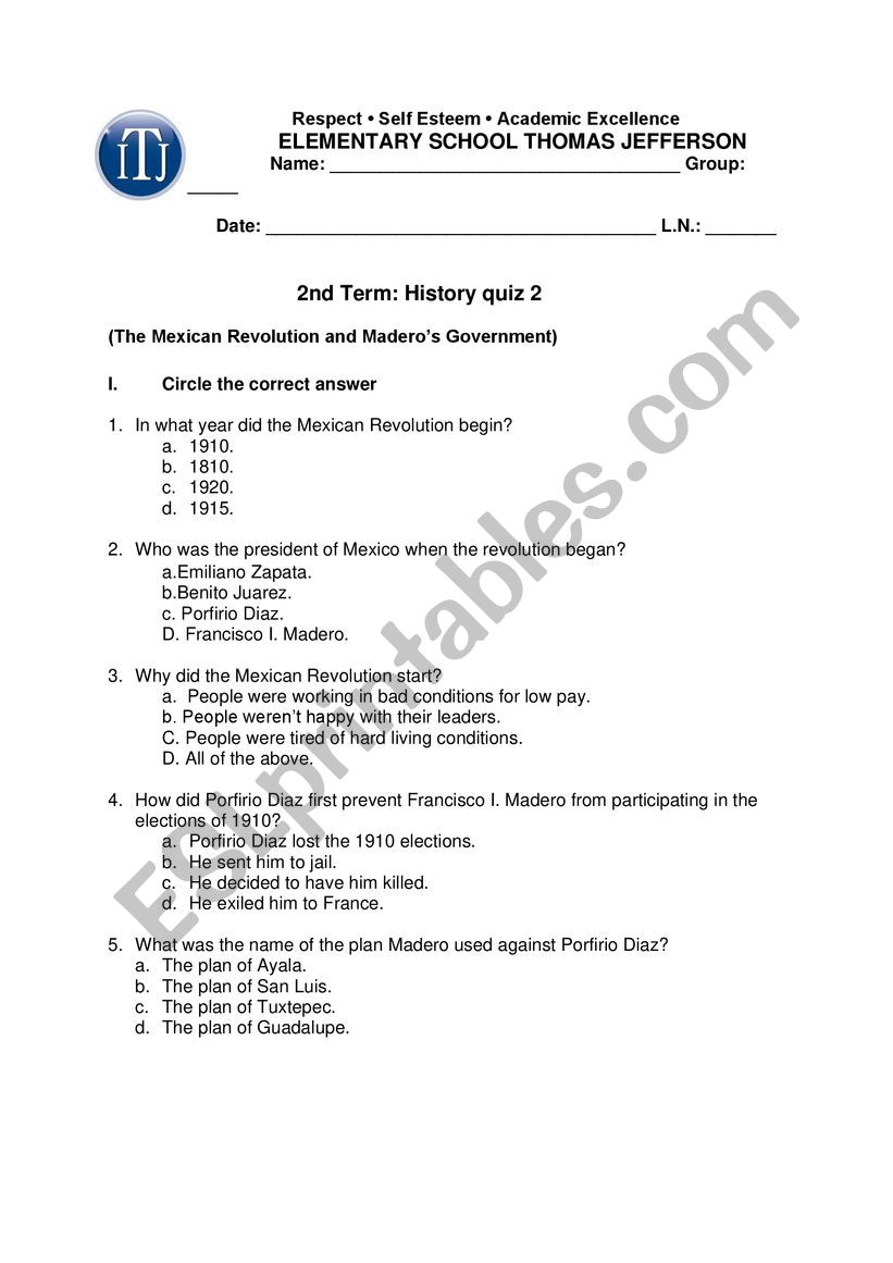 2-2. Mexican History Quiz- The Mexican Revolution and Maderos Government