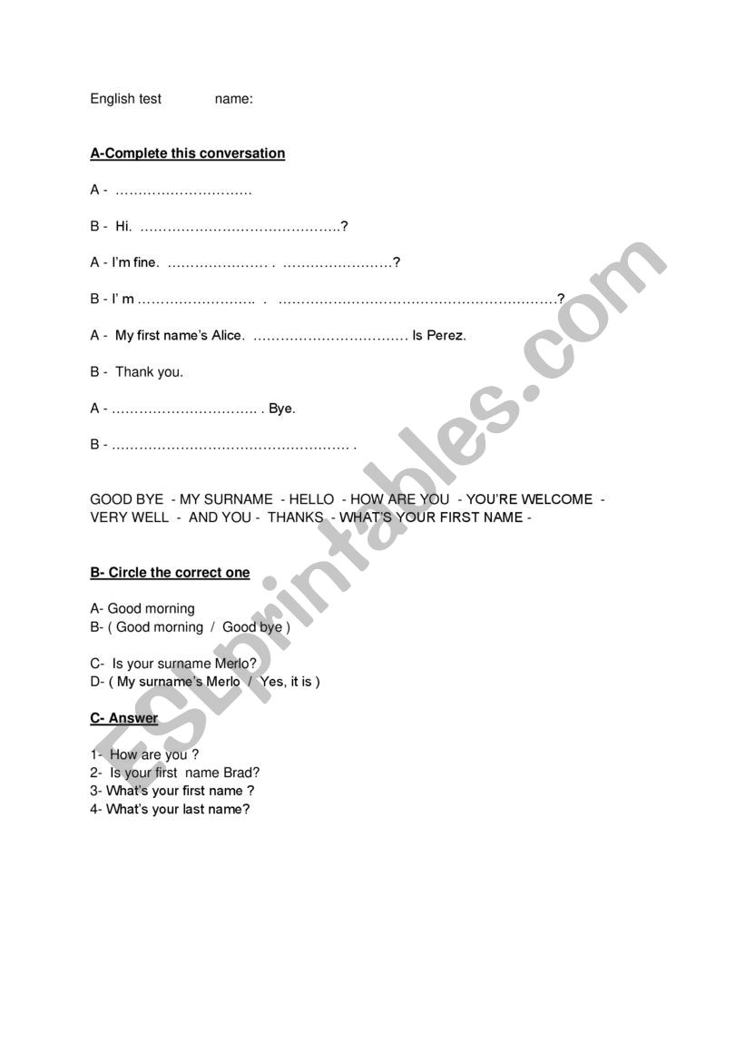 Personal Info Test worksheet