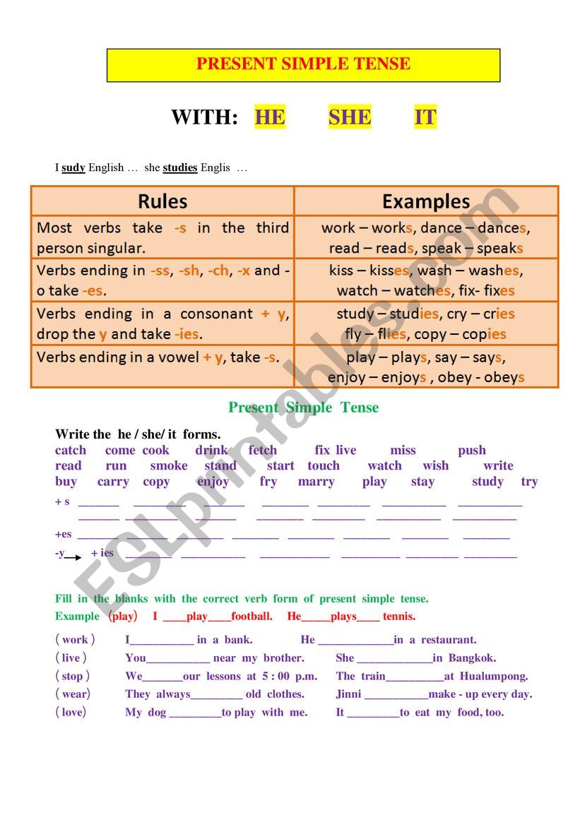 Present simple with he she it worksheet