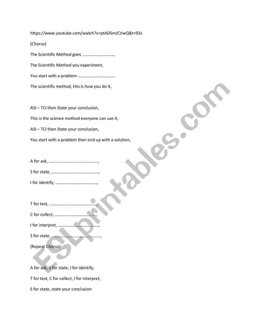 introduction to science and scientist method song - fill the blank worksheet