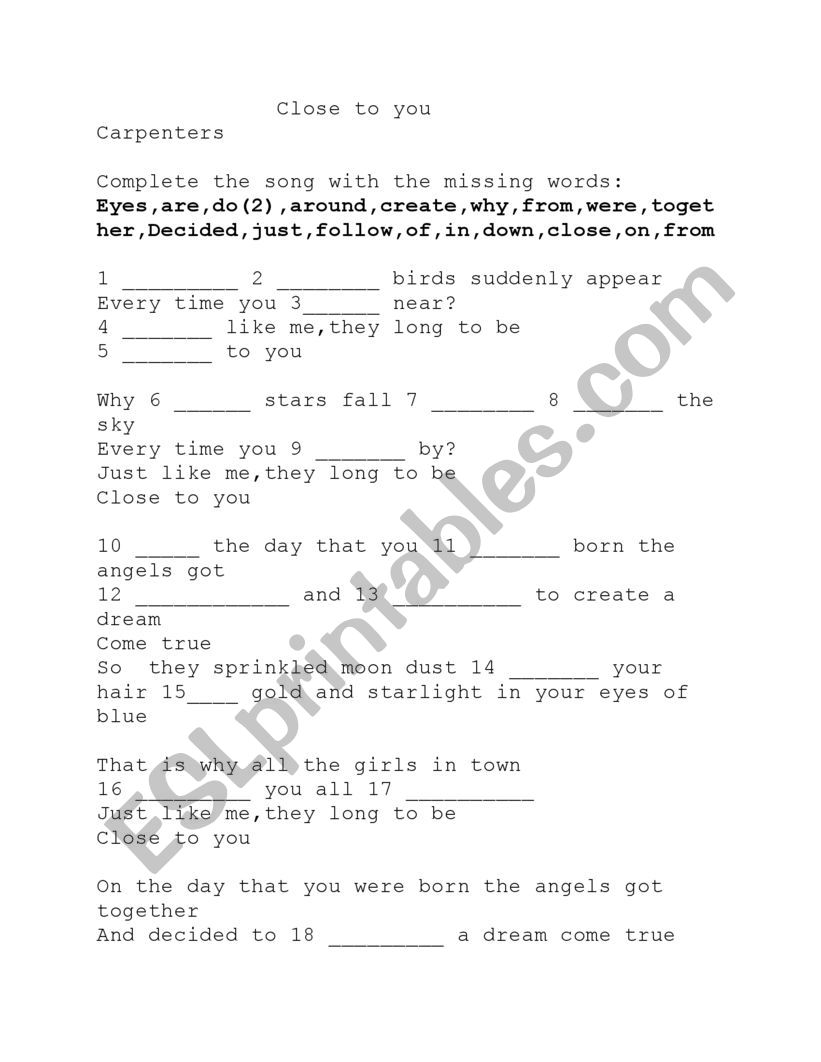 Close to you song  Carpenters worksheet
