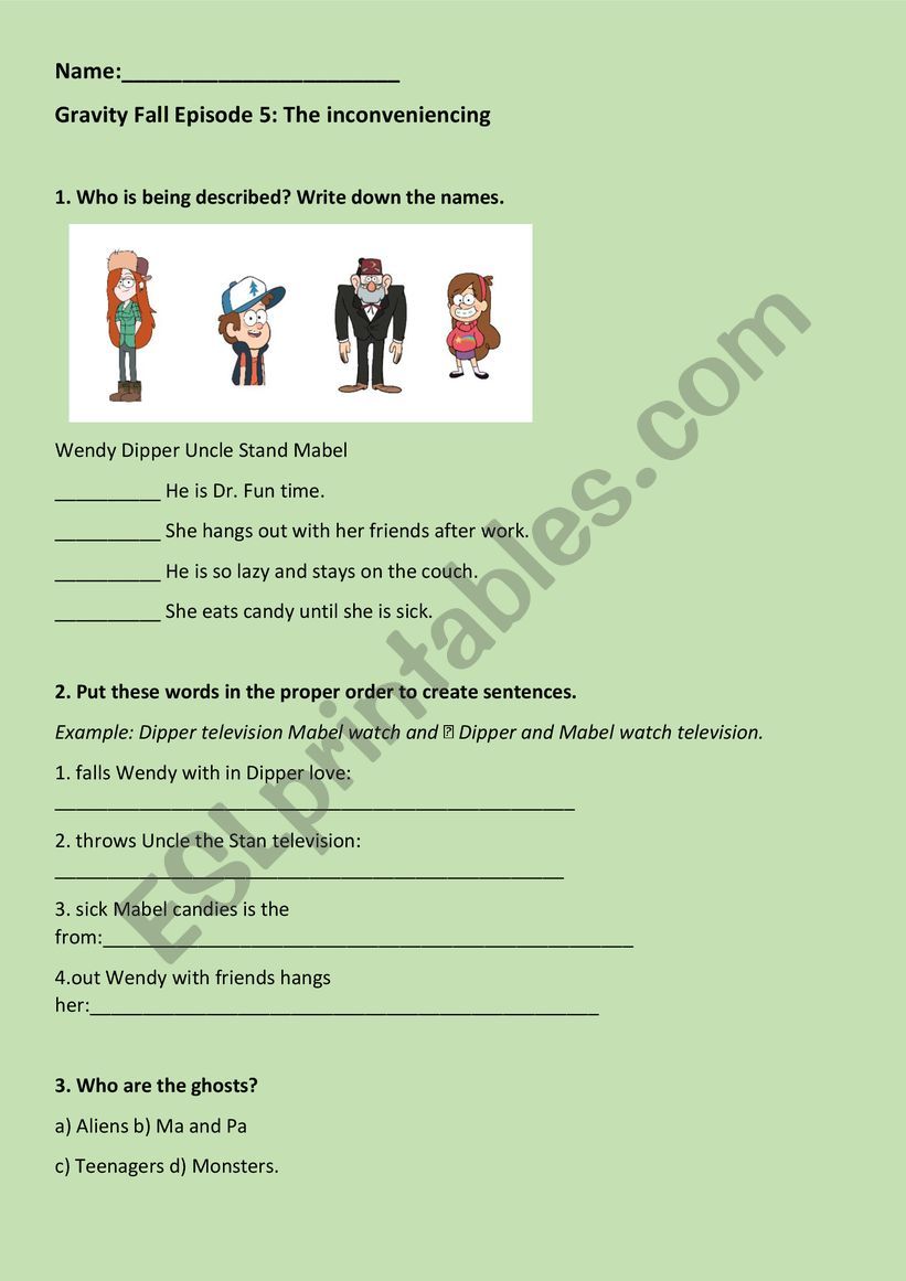 Gravity Falls worksheet