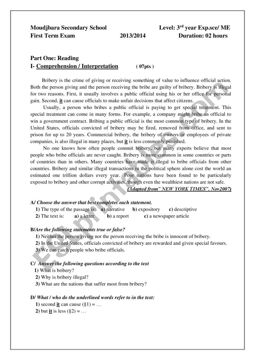 Bribery exam worksheet