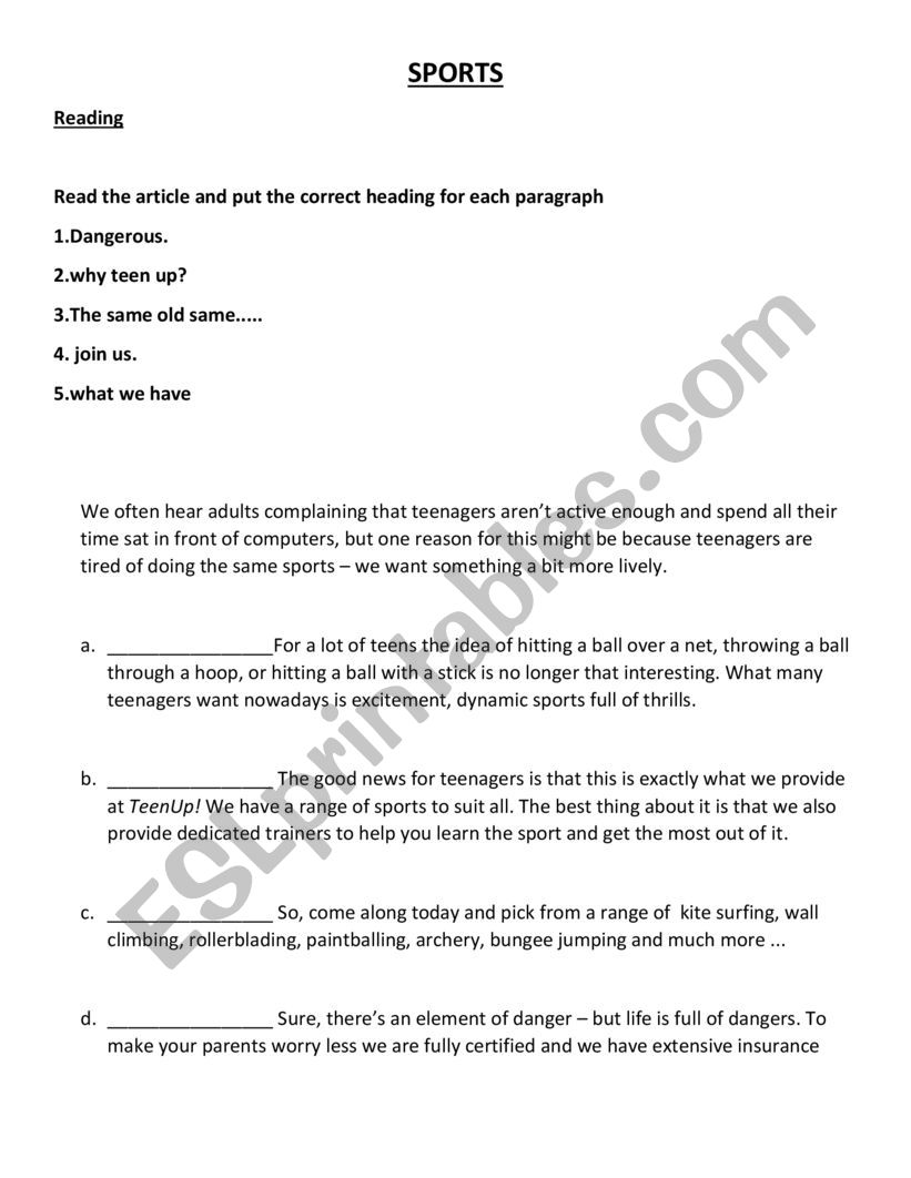 Sport worksheet