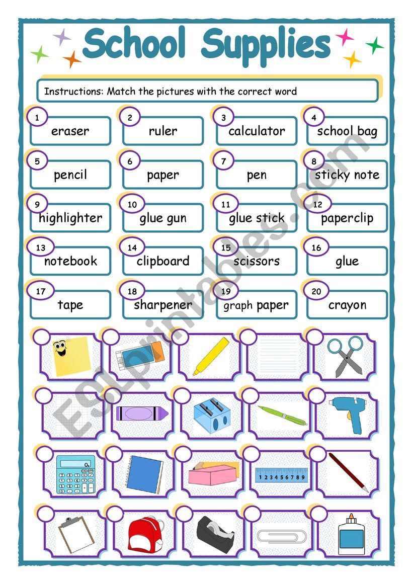 School Supplies Matching worksheet