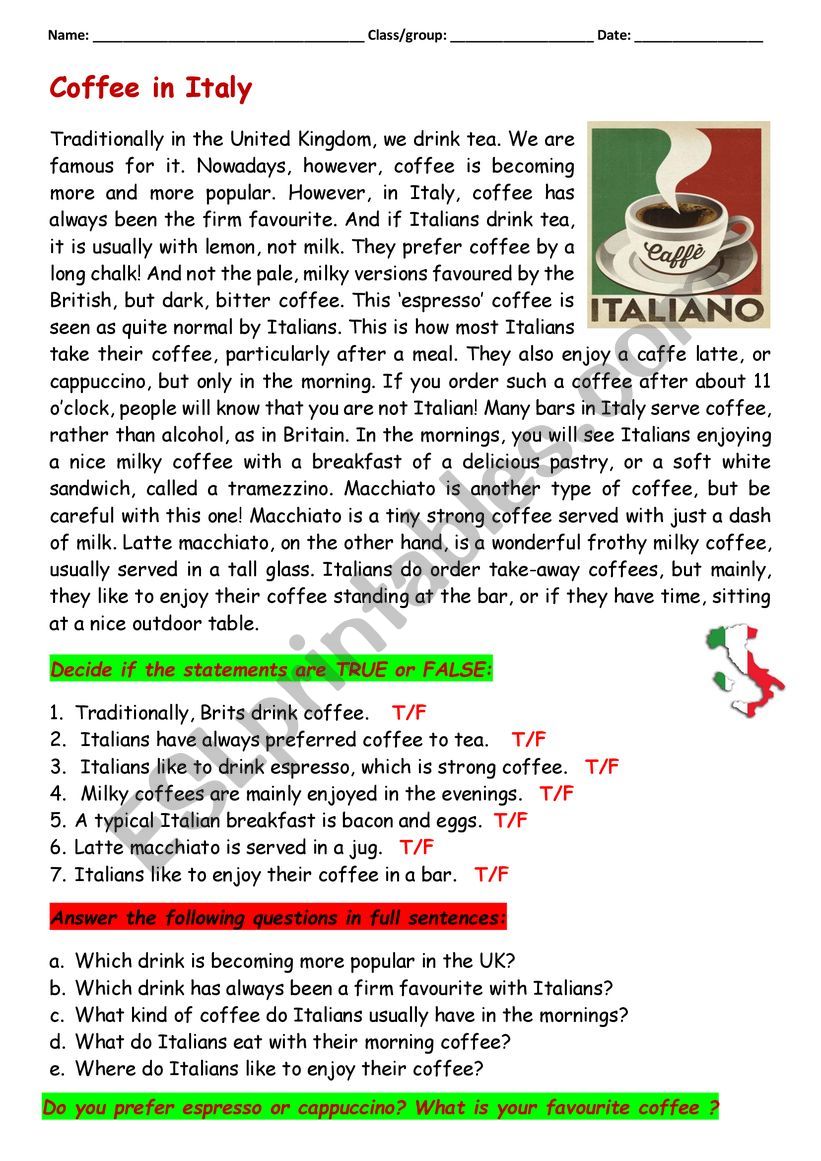 Coffee in Italy worksheet
