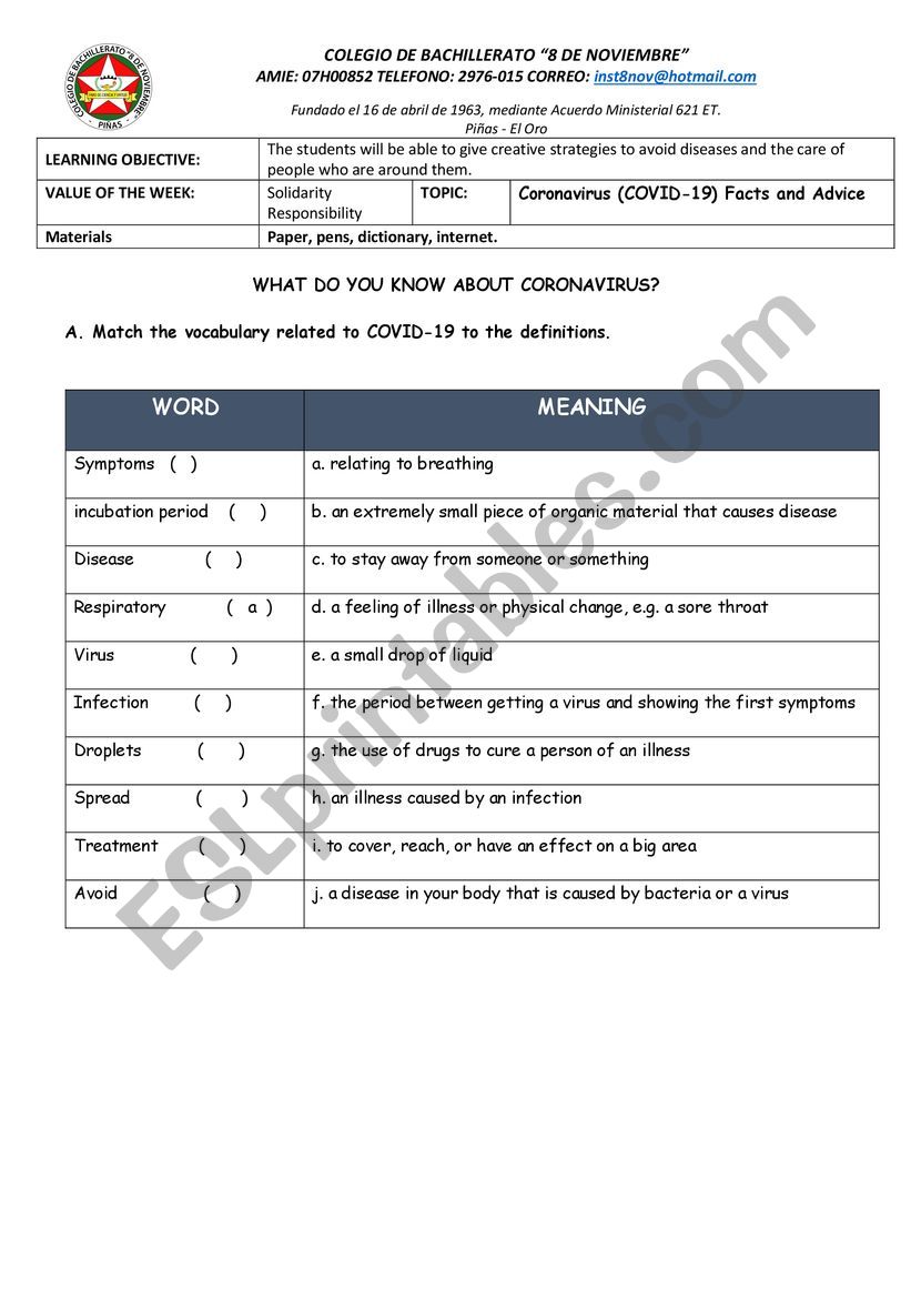 Coronavirus worksheet