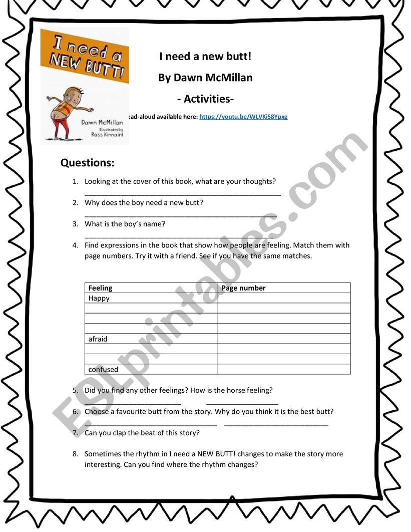 I Need a new Butt! Activities worksheet