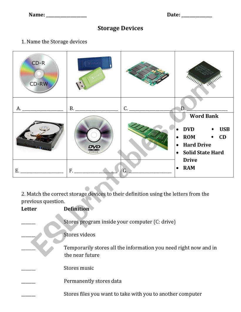 Storage Devices worksheet