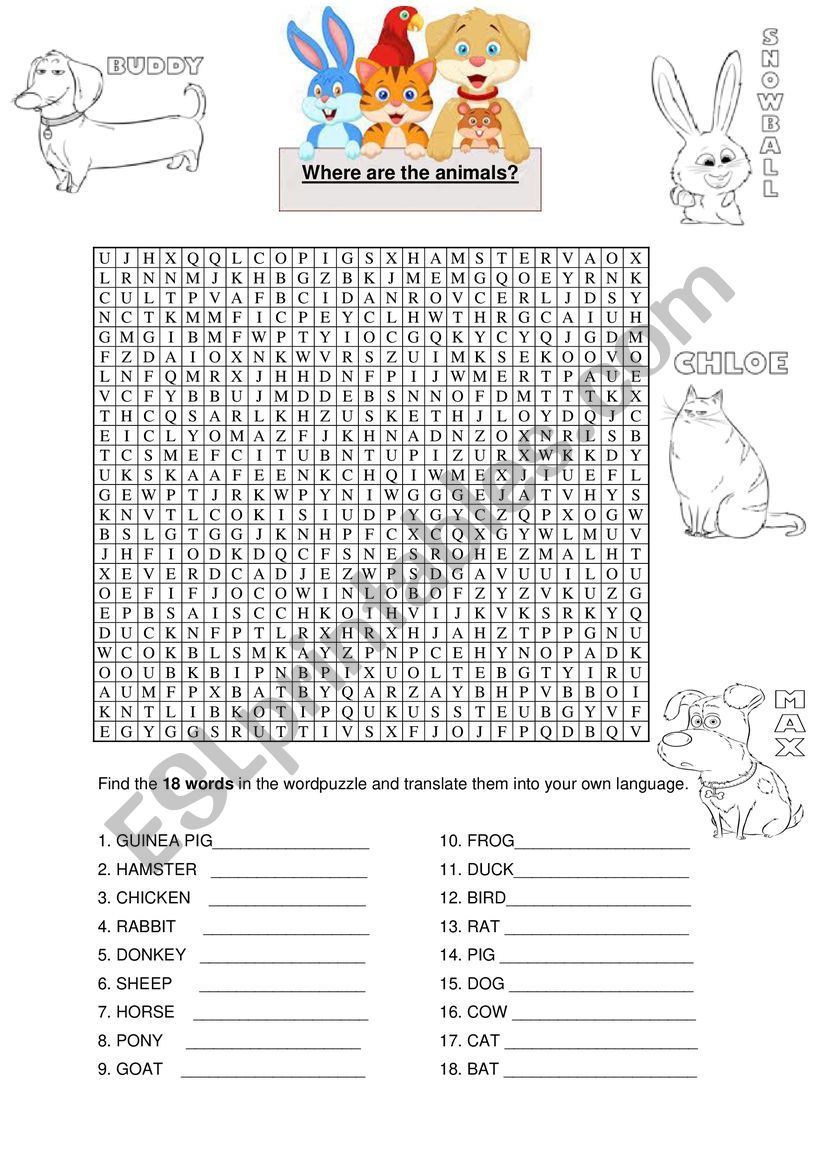 Wordpuzzle animals worksheet