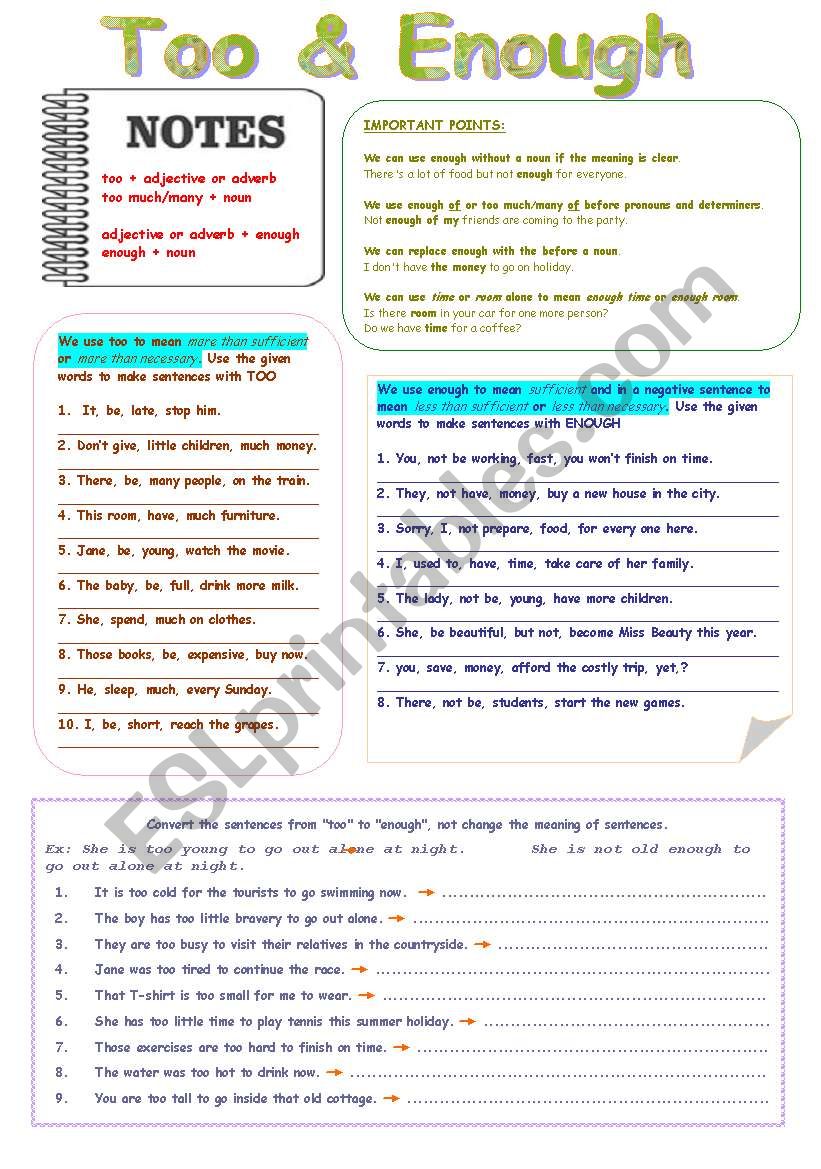 Too & Enough worksheet