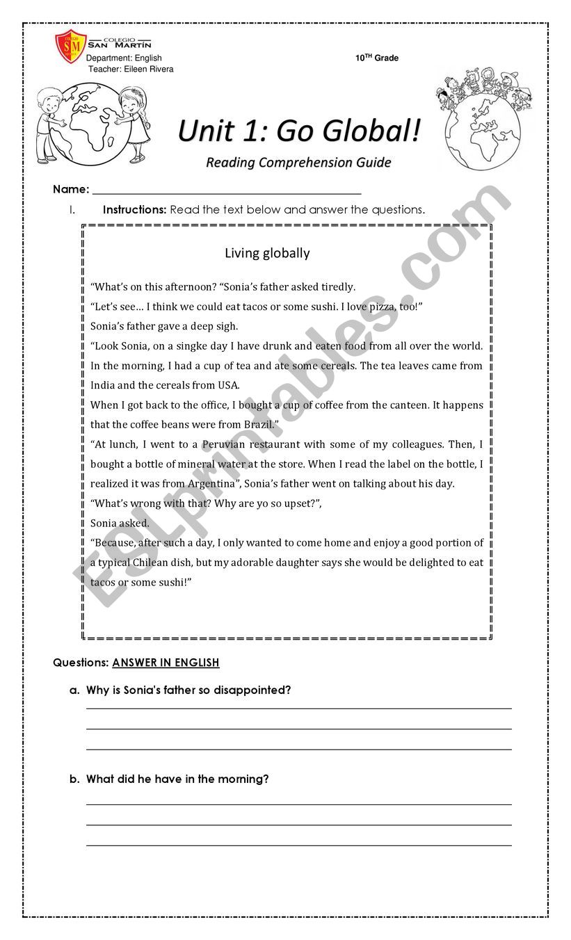 Living Globally Reading Comprehension Worksheet