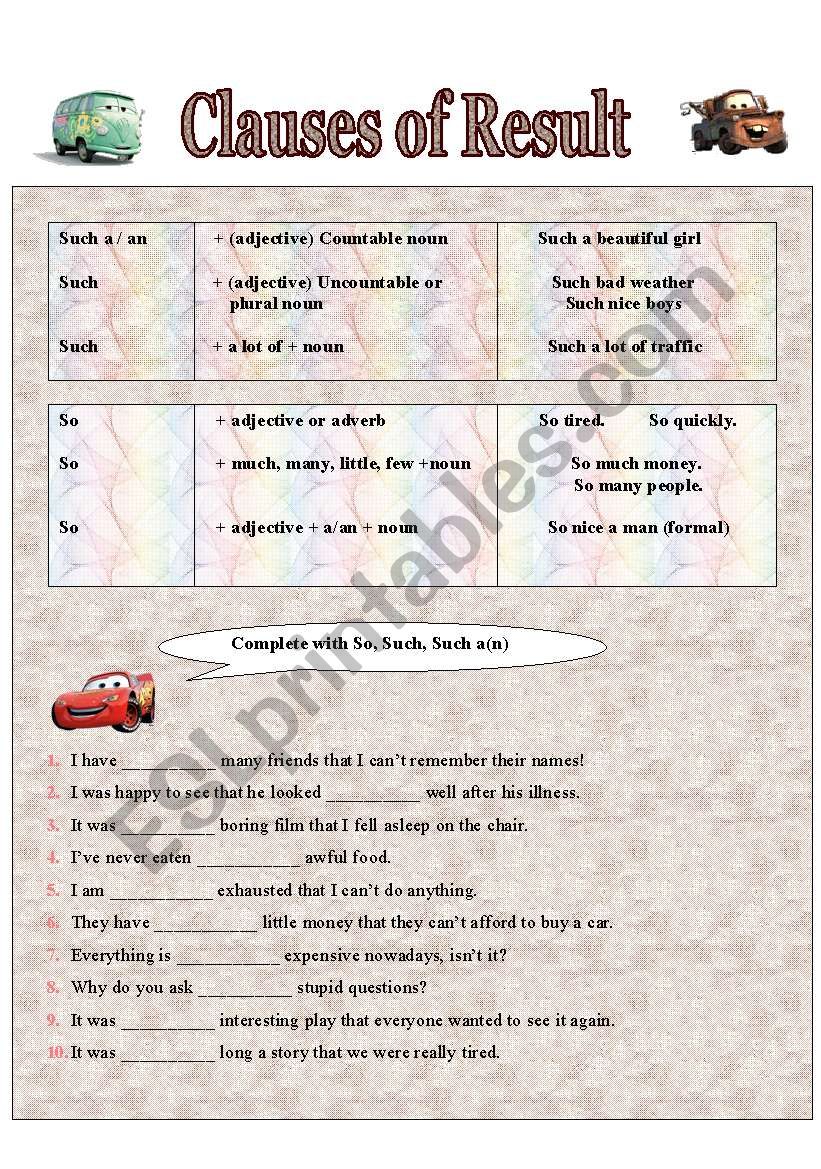 Clauses of Result worksheet