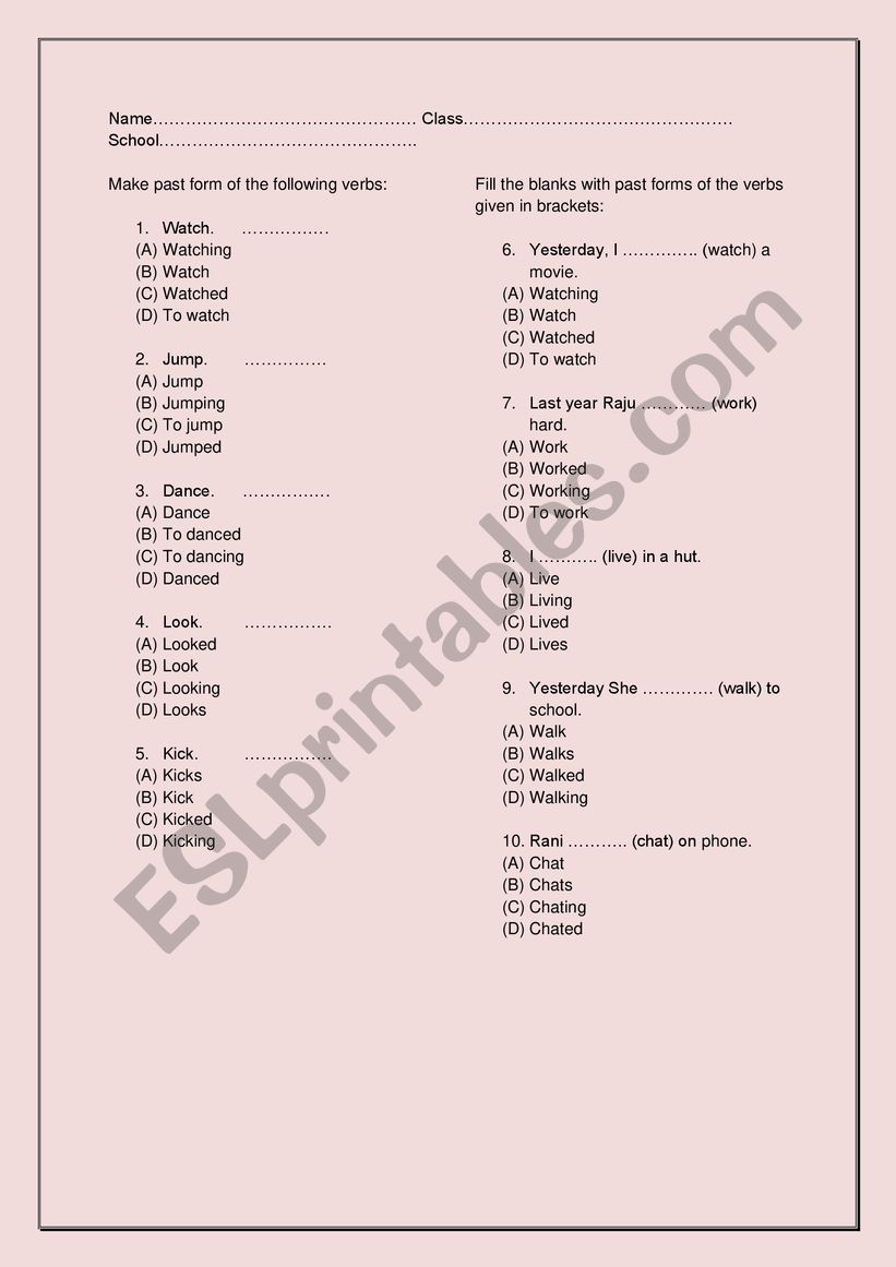 Past form of Verbs worksheet
