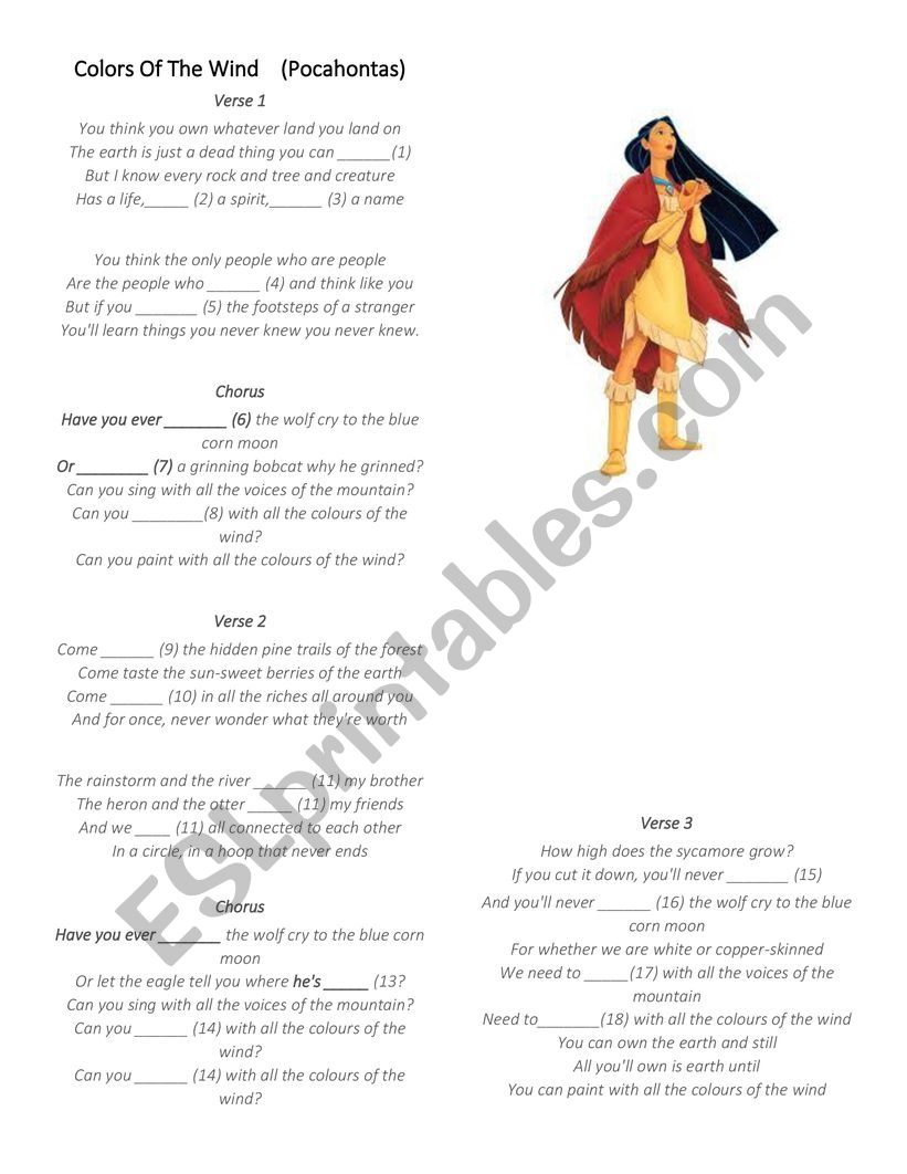 Pocahontas Colors of the wind worksheet