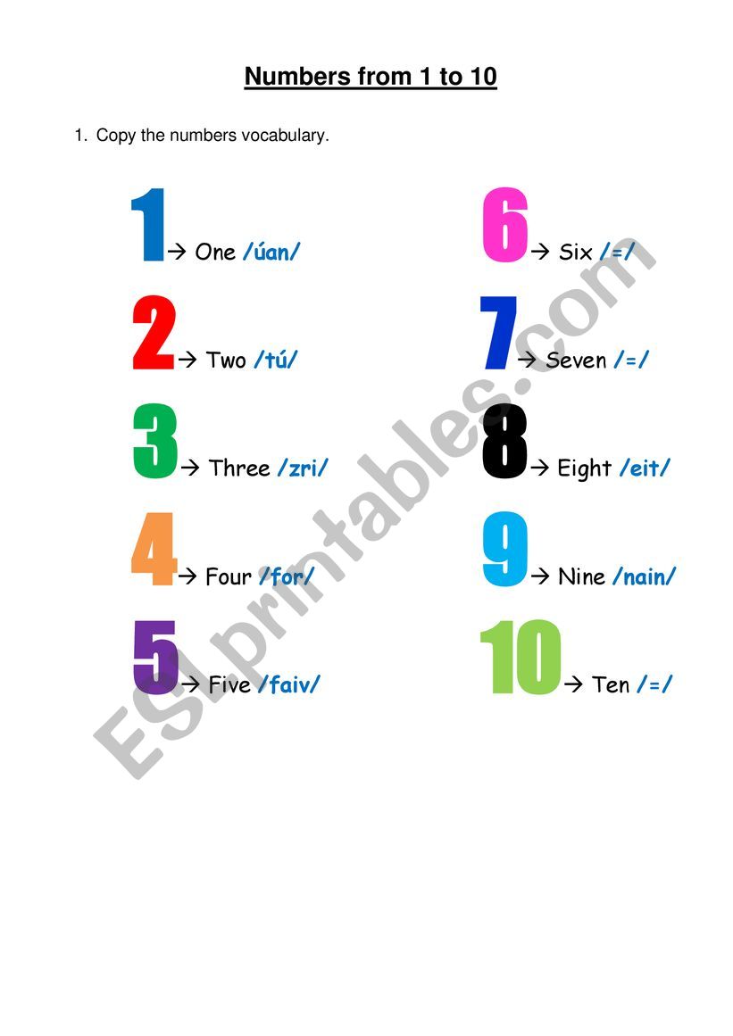 Numbers 1 to 10 worksheet