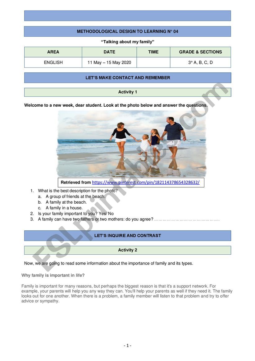 Lesson plan about Family worksheet