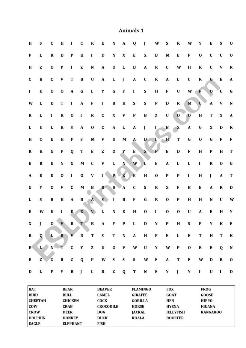 Animal word search 1/2 worksheet