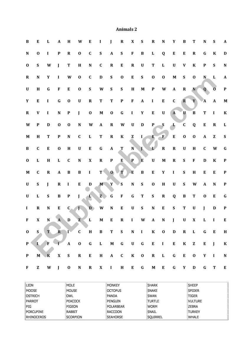 Animal word search 2/2 worksheet