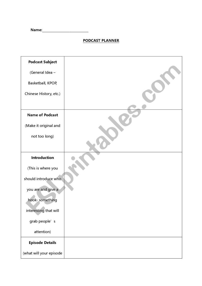 Podcast Planner worksheet