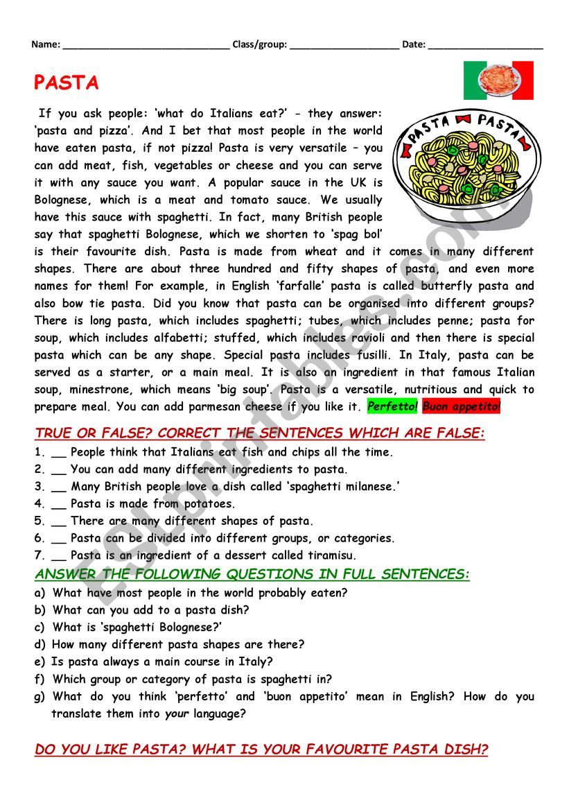 RC: pasta worksheet