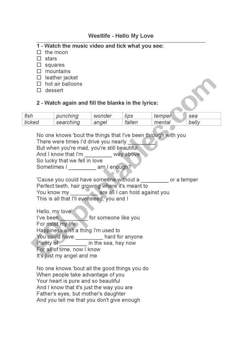 Westlife - Hello My Love worksheet