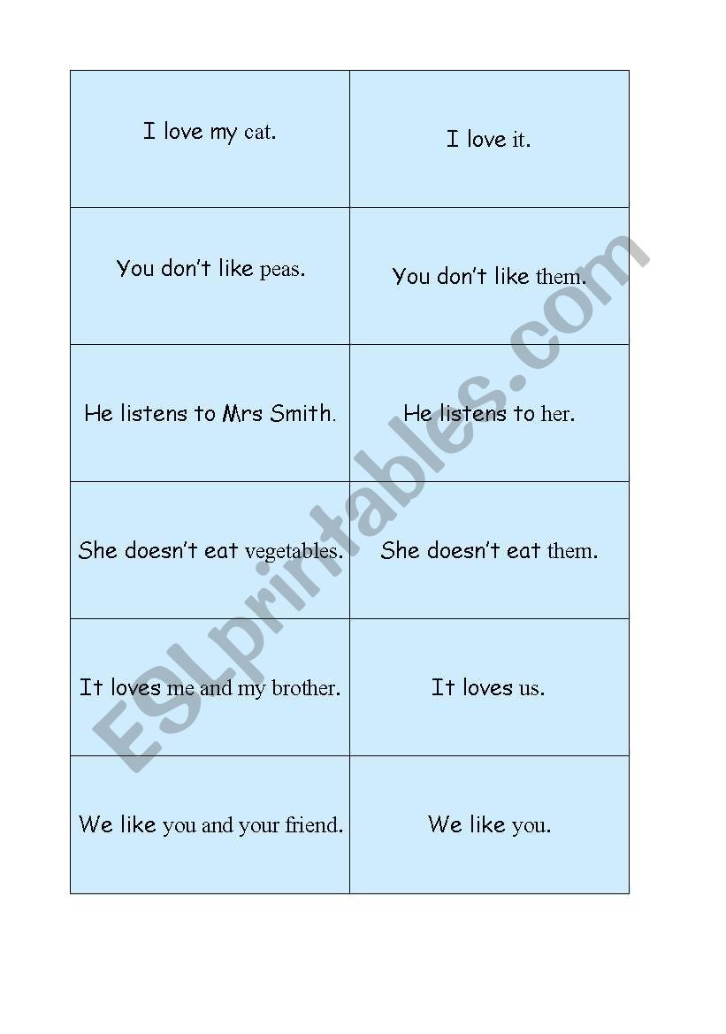 Object pronouns memory game worksheet